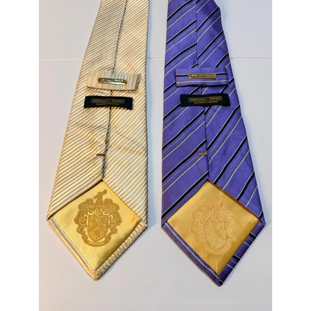 Donald J Trump Silk Tie‎ Lot Sz OS Gold Purple Striped Signature Collection 2pc